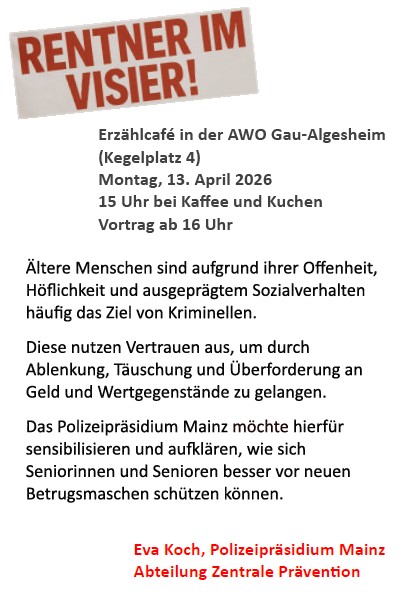 Rentner im Visier
Vortrag am 13. April 2026 in der AWO